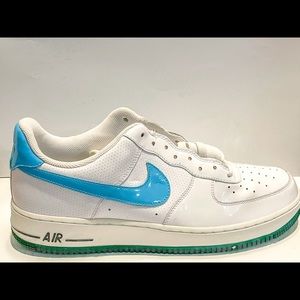 Airforce1s with baby blue swoosh and green bottoms